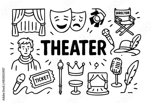 Doodle icons for theater and performance — stage, masks, ticket, and actor — stock vector.