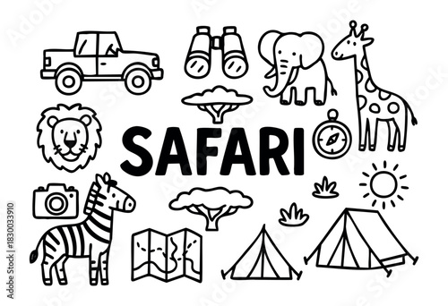 Doodle icons for a safari adventure — elephant, lion, giraffe, and jeep — stock vector.