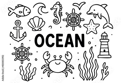 Doodle icons for the ocean and sea life — fish, crab, dolphin, and lighthouse — stock vector.