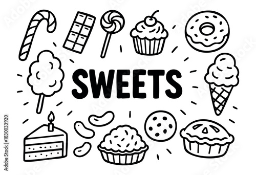 Doodle icons for sweets, candy, and desserts — chocolate, cupcake, donut, and cake — stock vector.