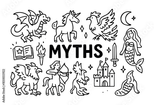 Doodle icons of mythical creatures and fantasy elements — dragon, unicorn, mermaid, and griffin — stock vector.