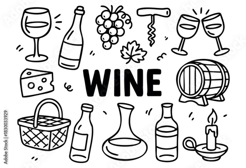 Doodle icons for wine and winemaking — glass, bottle, grapes, and barrel — stock vector.