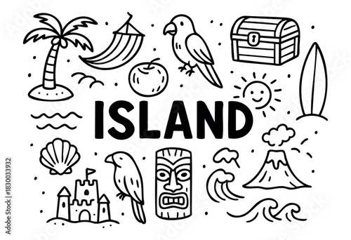 Doodle icons for a tropical island and summer vacation — palm tree, hammock, coconut, and volcano — stock vector.