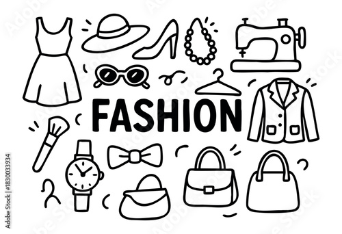 Doodle icons for fashion, style, and shopping — dress, shoes, handbag, and accessories — stock vector.