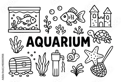 Doodle icons for an aquarium and pet fish — fish tank, turtle, starfish, and castle — stock vector.