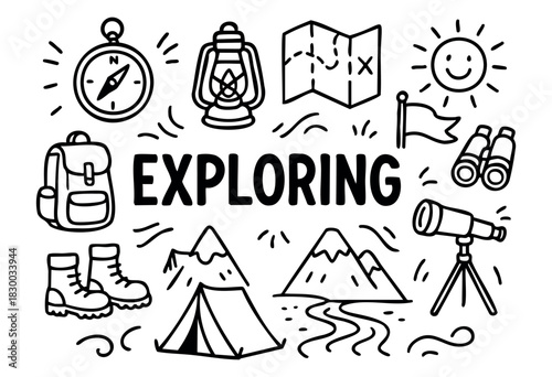 Doodle icons for exploring, hiking, and adventure — compass, map, binoculars, and tent — stock vector.