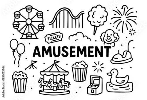 Doodle icons for an amusement park and carnival — ferris wheel, roller coaster, carousel, and tickets — stock vector.