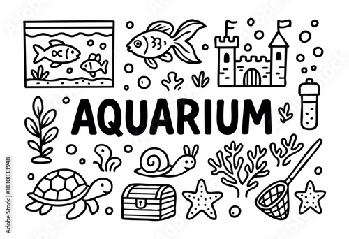 Doodle icons for an aquarium and pet fish — fish tank, turtle, starfish, and castle — stock vector.
