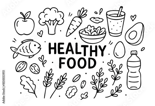 Doodle icons for healthy food and nutrition — apple, salad, fish, and vegetables — stock vector.
