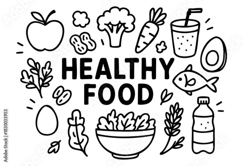 Doodle icons for healthy food and nutrition — apple, salad, fish, and vegetables — stock vector.