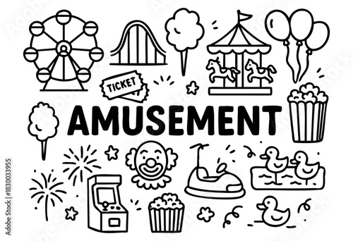 Doodle icons for an amusement park and carnival — ferris wheel, roller coaster, carousel, and tickets — stock vector.