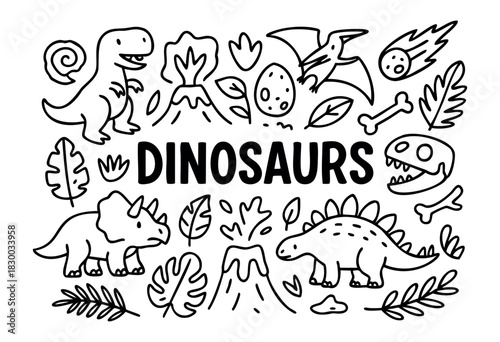 Doodle icons of dinosaurs and the prehistoric era — T-Rex, triceratops, volcano, and fossils — stock vector.