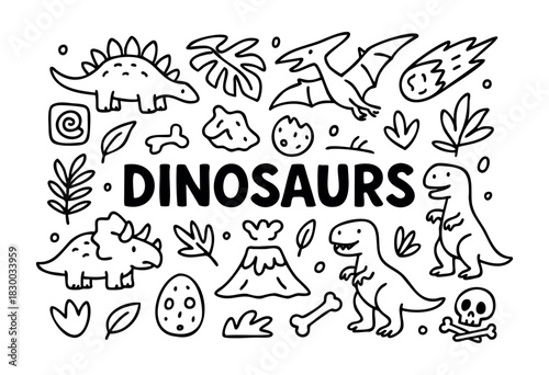 Doodle icons of dinosaurs and the prehistoric era — T-Rex, triceratops, volcano, and fossils — stock vector.