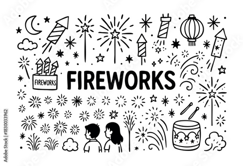 Doodle icons for fireworks and celebrations — rocket, sparkler, and firecracker — stock vector.