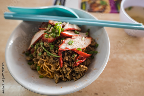 Kolo Mee, a popular Malaysian dish in the state of Sarawak, East Malaysia. kolo mee is Malaysian dish of dry noodles