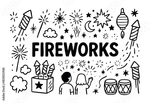 Doodle icons for fireworks and celebrations — rocket, sparkler, and firecracker — stock vector.