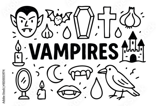 Doodle icons for vampires and Halloween horror — Dracula, bat, coffin, and castle — stock vector.