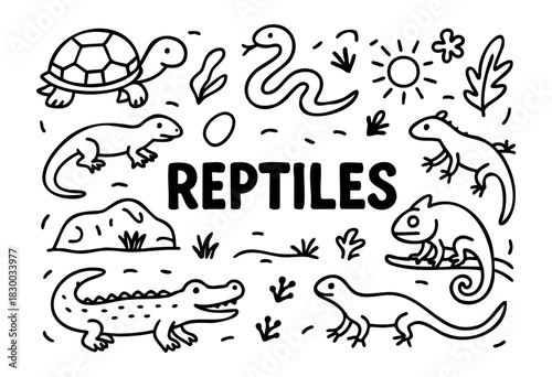 Doodle icons of various reptiles and amphibians — turtle, snake, crocodile, and lizard — stock vector.