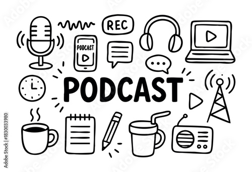 Doodle icons for podcasting and broadcasting — microphone, headphones, and laptop — stock vector.