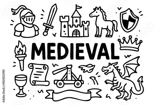 Doodle icons for the medieval era and fantasy — knight, castle, dragon, and sword — stock vector.