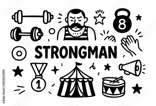 Doodle icons for a circus strongman and vintage fitness — barbell, kettlebell, and medal — stock vector.