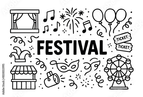 Doodle icons for a festival, carnival, or fair — stage, fireworks, tickets, and ferris wheel — stock vector.
