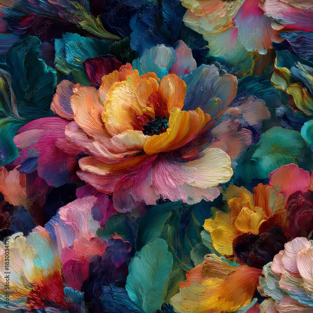Obraz premium A mesmerizing digital painting featuring textured floral blooms in Vibrant Pink, Golden Orange, and Deep Teal hues, perfect for creative projects and graphic design enhancements using adobe photoshop 