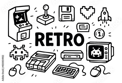 Doodle icons of retro technology and 80s/90s gaming — arcade machine, floppy disk, and old computer — stock vector.
