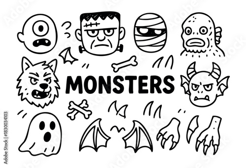 Doodle icons of classic monsters for Halloween — Frankenstein, mummy, and werewolf — stock vector.