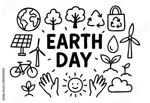 Doodle icons for Earth Day and environmental conservation — planet Earth, recycling symbol, and wind turbines — stock vector.