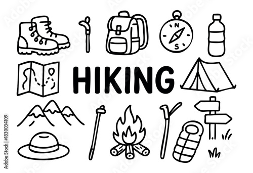 Doodle icons for hiking and outdoor adventure — backpack, boots, and campfire — stock vector.