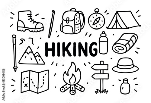 Doodle icons for hiking and outdoor adventure — backpack, boots, and campfire — stock vector.