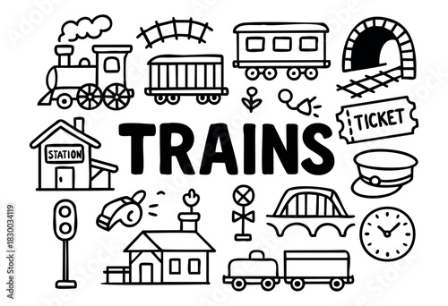 Doodle icons for trains and railways — steam locomotive, train car, and station — stock vector.