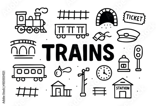 Doodle icons for trains and railways — steam locomotive, train car, and station — stock vector.