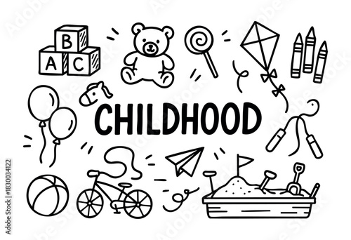 Doodle icons of childhood toys and activities — rocking horse, teddy bear, and bicycle — stock vector.