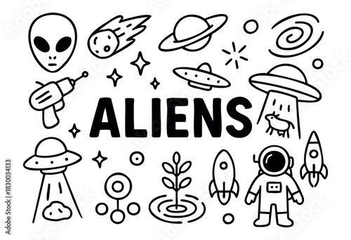 Doodle icons for aliens and outer space — alien head, UFO, and astronaut — stock vector.