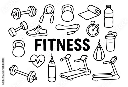 Doodle icons for fitness, gym, and workout equipment — dumbbell, treadmill, and kettlebell — stock vector.