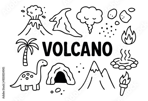 Doodle icons of a volcano and prehistoric nature — erupting volcano, dinosaur, and lava — stock vector.