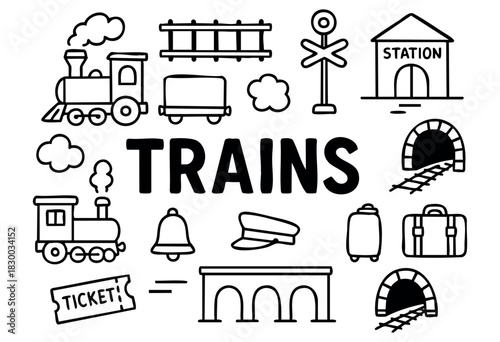 Doodle icons for trains and railways — steam locomotive, station, and tunnel — stock vector.