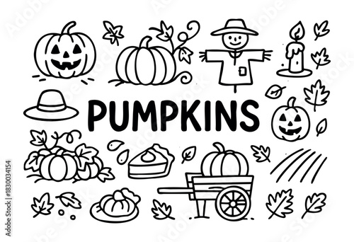 Doodle icons for the fall season with pumpkins — jack-o'-lantern, scarecrow, and wagon — stock vector.