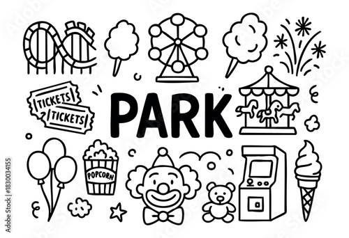 Doodle icons for an amusement park or carnival — roller coaster, ferris wheel, and tickets — stock vector.