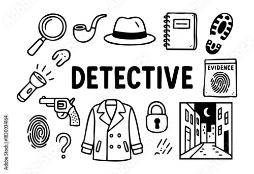 Doodle icons for a detective and mystery story — magnifying glass, pipe, and trench coat — stock vector.