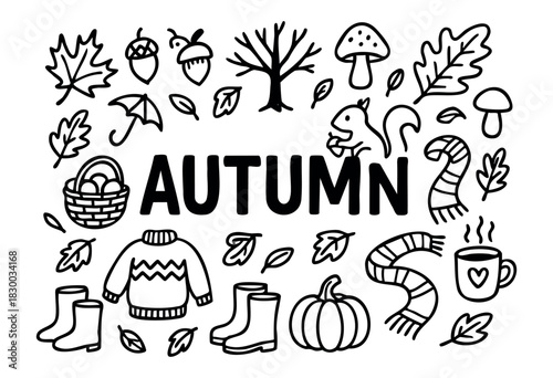 Doodle icons for the autumn season — falling leaves, sweater, and squirrel — stock vector.