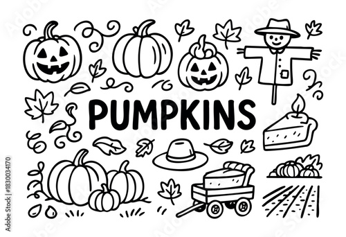Doodle icons for the fall season with pumpkins — jack-o'-lantern, scarecrow, and wagon — stock vector.