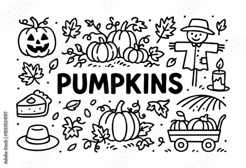 Doodle icons for pumpkins and autumn harvest — jack-o'-lantern, scarecrow, and pumpkin pie — stock vector.