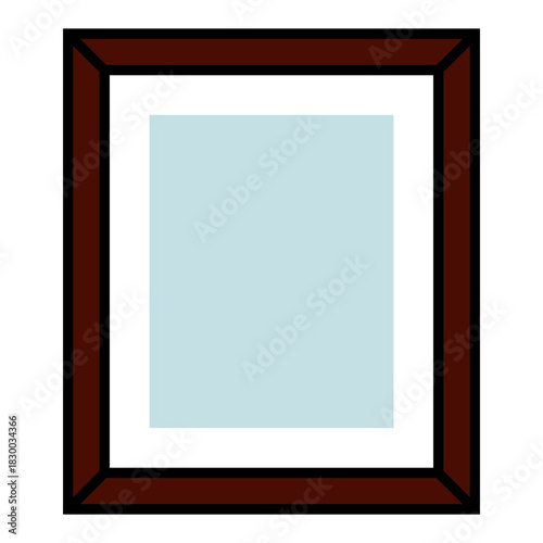 A simple clean and modern dark brown picture frame with a white mat and a pale blue background isolated on black