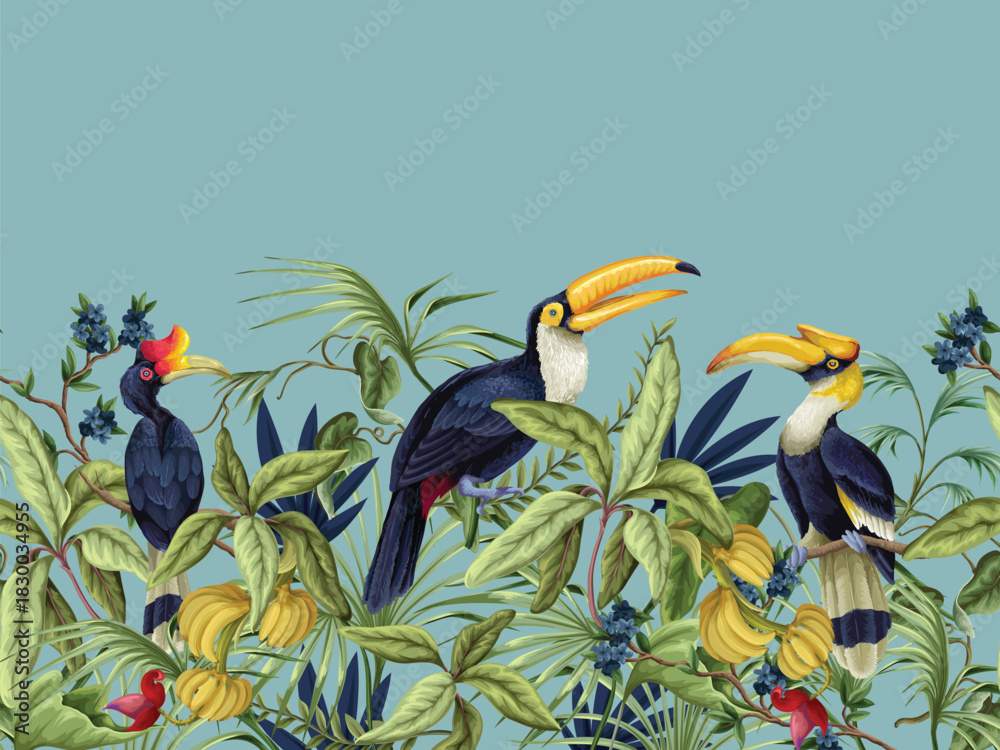 Obraz premium Tropic birds vector border with exotic hornbills tropical foliage botanical jungle decorative design illustration