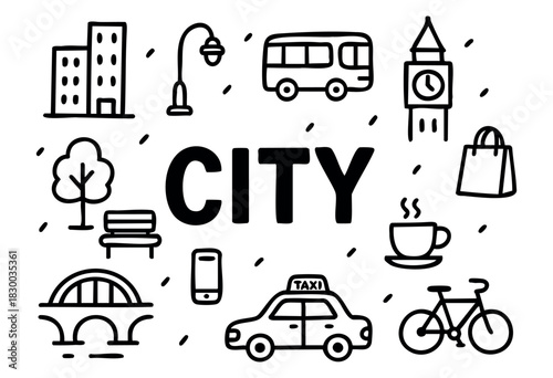 City life doodle illustration — buildings, transport, and other urban elements — stock vector.
