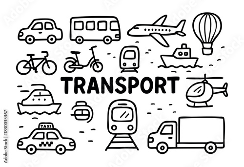 Transport doodle illustration — various modes of transportation vehicles — stock vector.