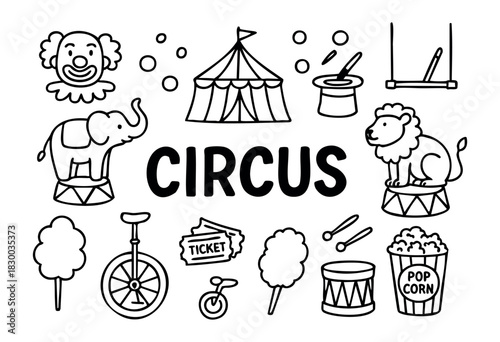 Circus doodle illustration — clown, tent, animals, and other carnival elements — stock vector.